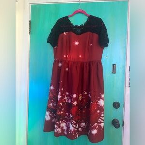 Plus Sized 1950’s Inspired Christmas Dress with Lace Top and Sleeves 3XL